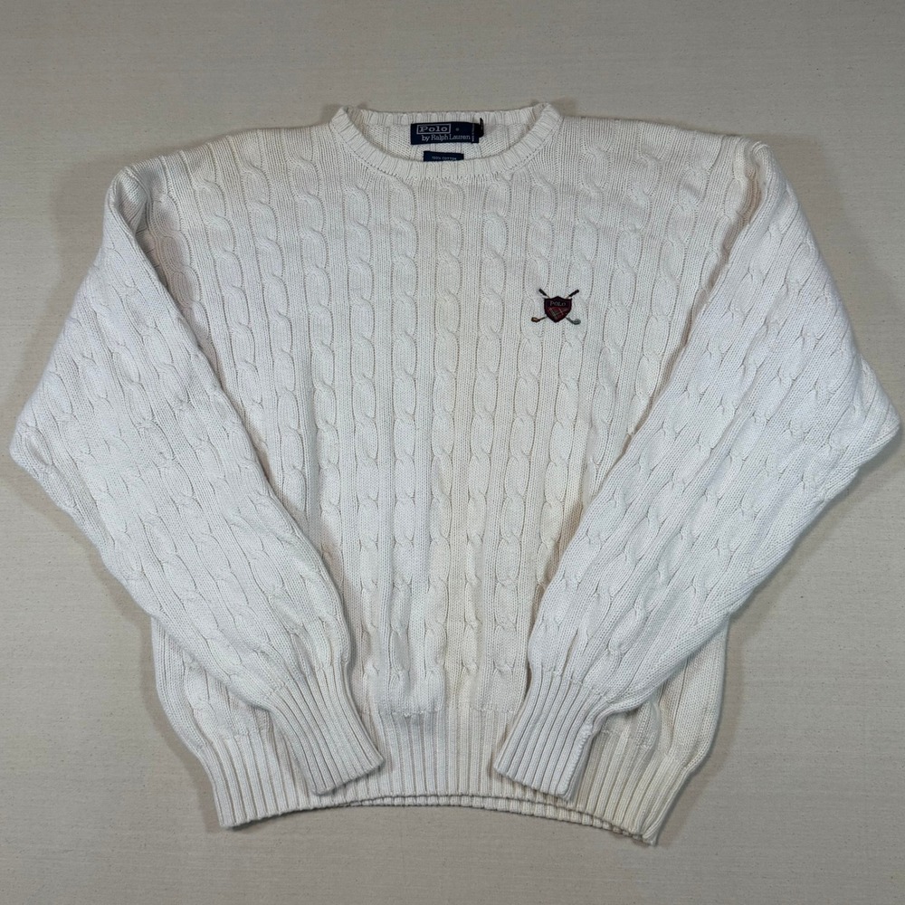 Vintage Polo Ralph Lauren Cable Knit Sweater Mens Large White Golf Crest Cotton